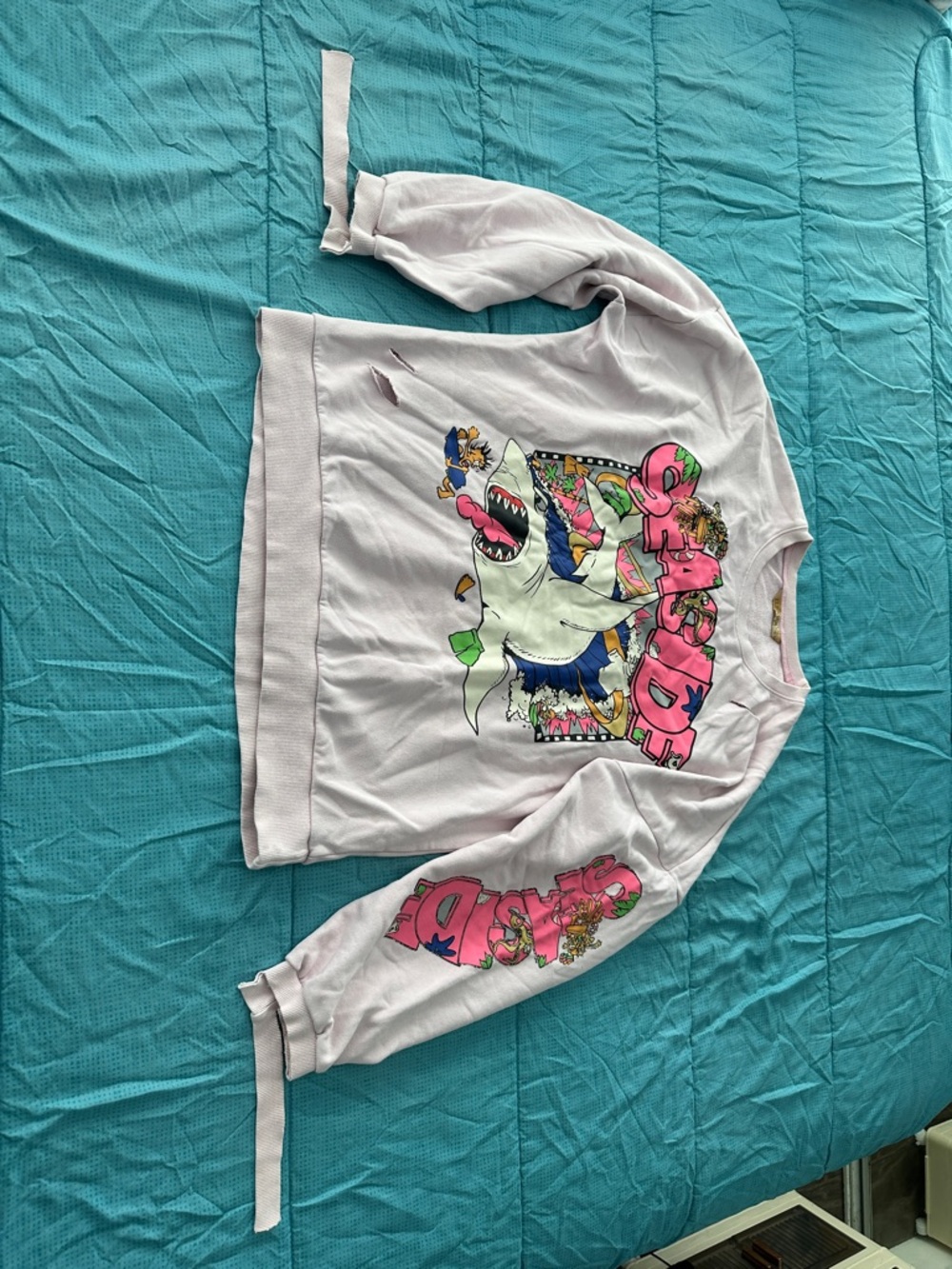 Elf Sack Casual Pink Crewneck Sweatshirt with Colorful Shark Graphic Sz XL R27